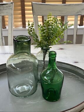 Green tabletop decor Glass vase accents shades of green Rustic modern farmhouse